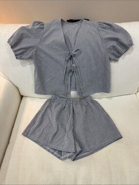 Amazon Women's Navy & White Gingham Tie-Front Top with Matching Shorts